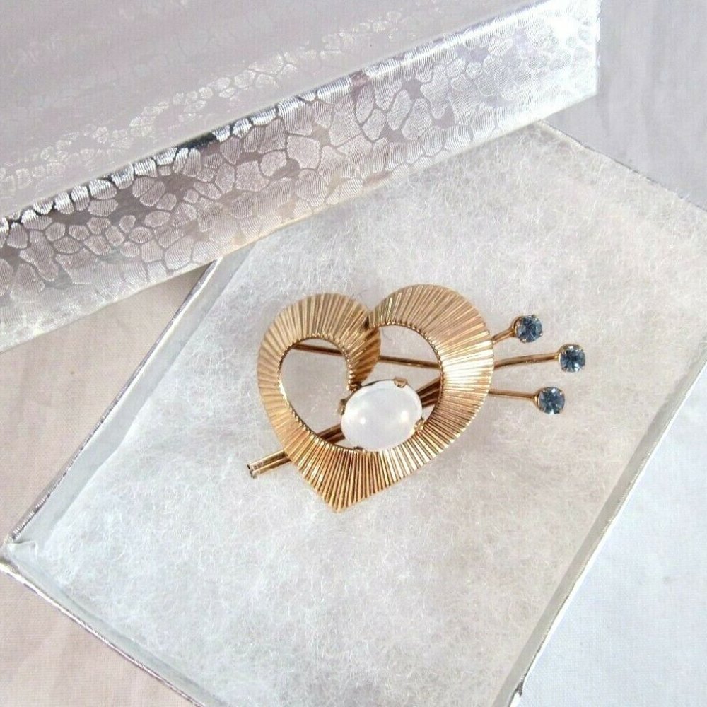 Gold Filled Heart Moonstone Brooch with Blue Rhinestones Signed A&Z 120 12k